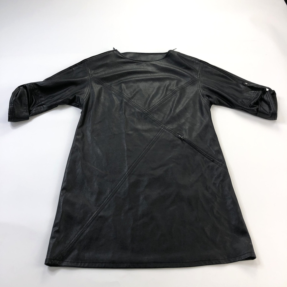 BCBG Maxazria XS Faux Leather Tunic Pullover Shirt Zip Blouse Dress Black